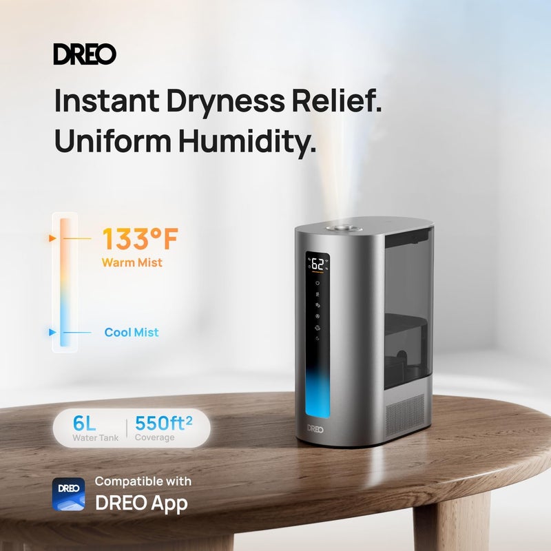 Dreo 6L Humidifiers for Bedroom, Smart Warm & Cool Mist for Large Room, 60Hr Quiet Runtime for Baby, Plant, Humidity Sensor, Indicator Light, 12H Timer, Google/Alexa, HM713S - Image 2